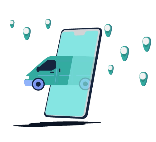 Ilustração de van verde saindo de um smartphone com ícones de localização, representando rastreamento e roteiros personalizados.