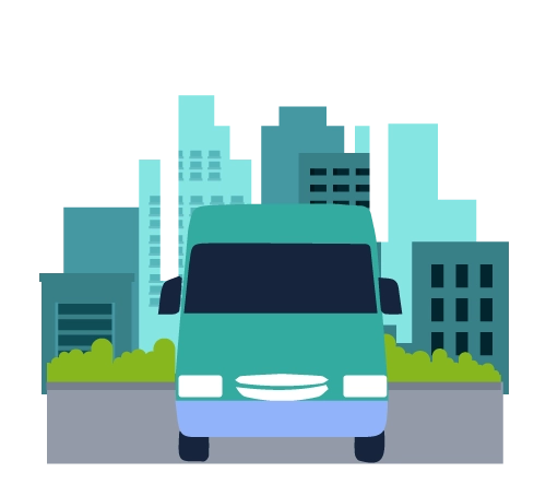 Ilustração de van verde em frente a prédios, representando serviço de transporte urbano.