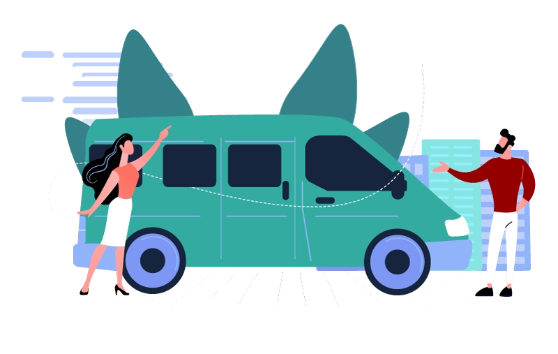 Ilustração de casal ao lado de uma van verde em uma faixa de pedestres, simbolizando conforto e atendimento personalizado.